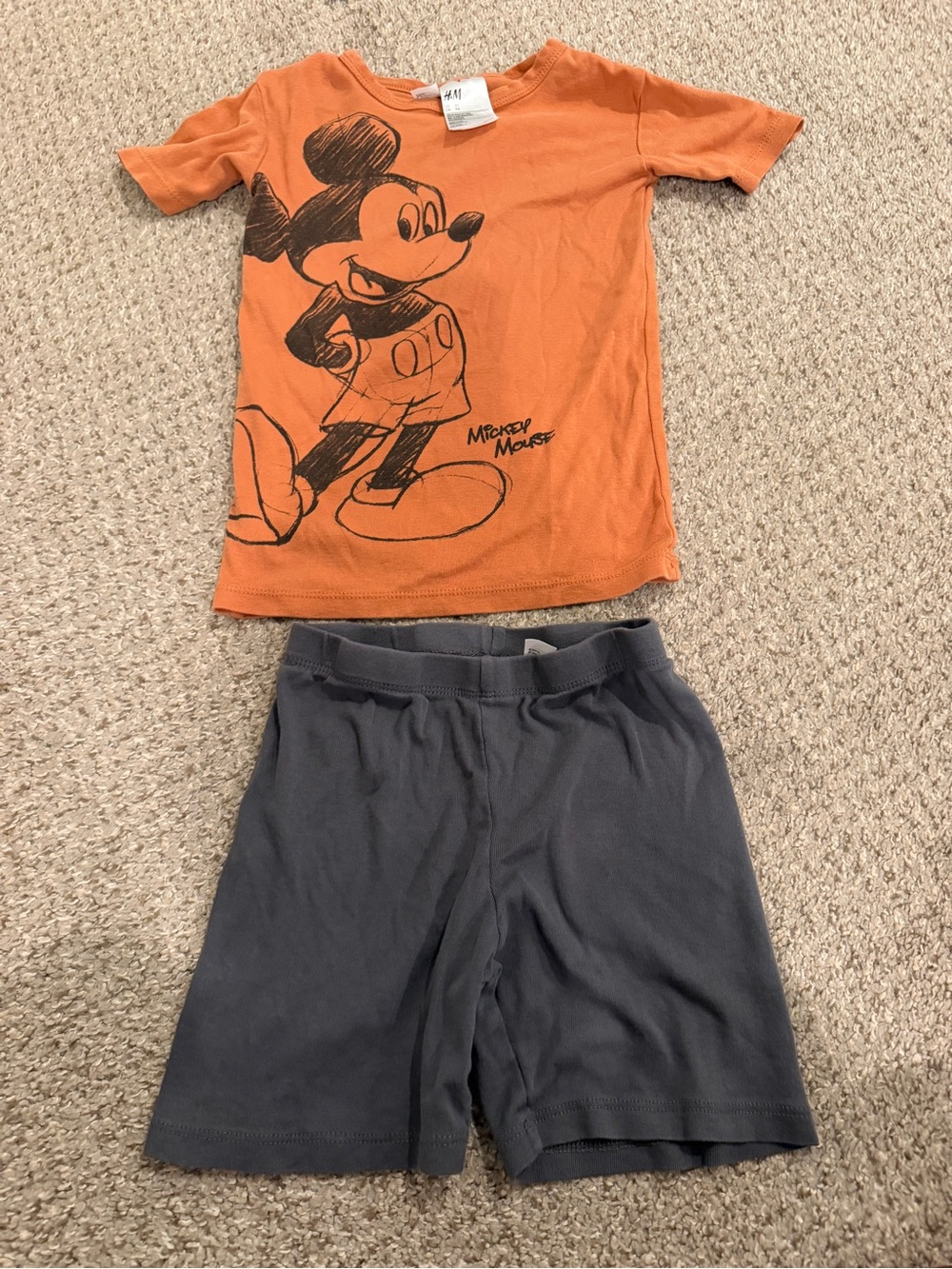 H&M Disney Orange Mickey Mouse Tee with Gray Shorts Pajama Set